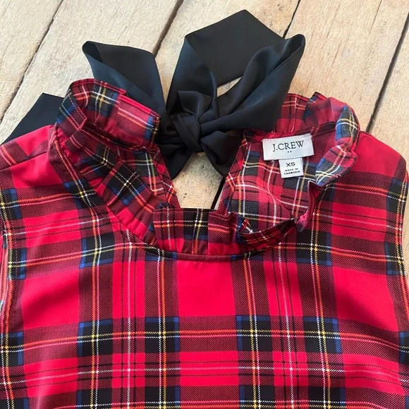 J.Crew Red Tartan Plaid Ruffleneck, bow back top - Picture 4 of 7